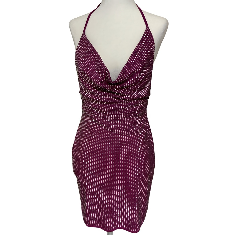 She + Sky NWT Fuchsia Rhinestone Halter Backless Mini Party Dress Size Small